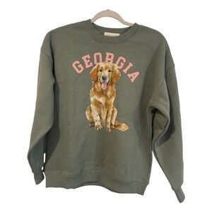 State of Mine Georgia Golden Retriever Graphic Sweatshirt Olive Green XS NEW